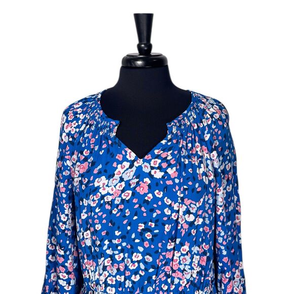 Talbots Womens Dress PL Blue Pink Floral Midi V-Neck Smocked Cottagecore Pockets - Picture 5 of 10